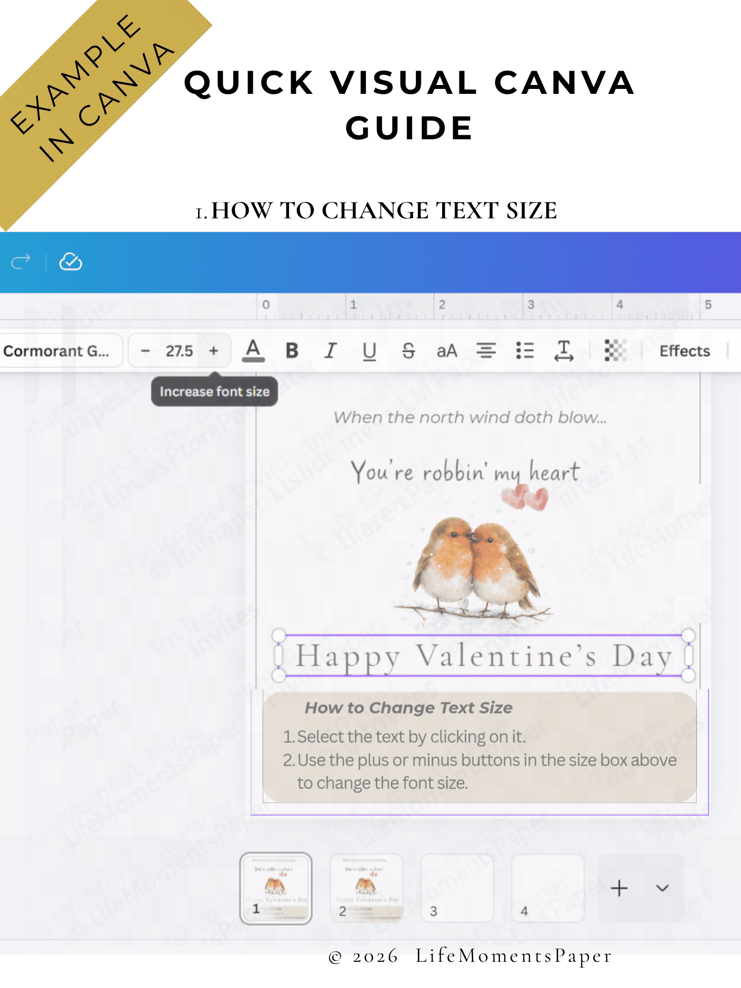 Canva visual guide showing how to change text size