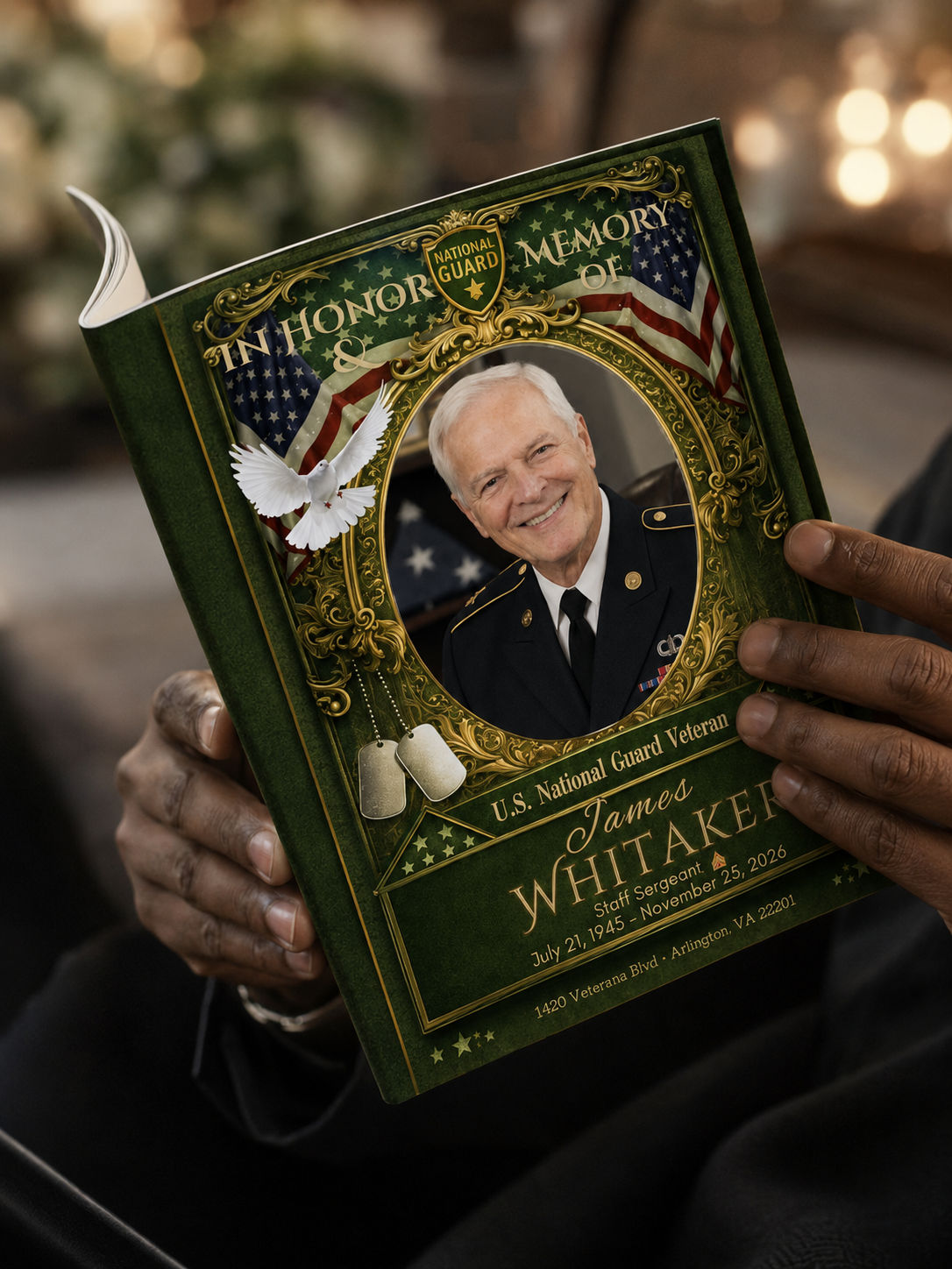 National Guard memorial program preview with editable Canva funeral booklet pages and patriotic military design by LifeMomentsPaper