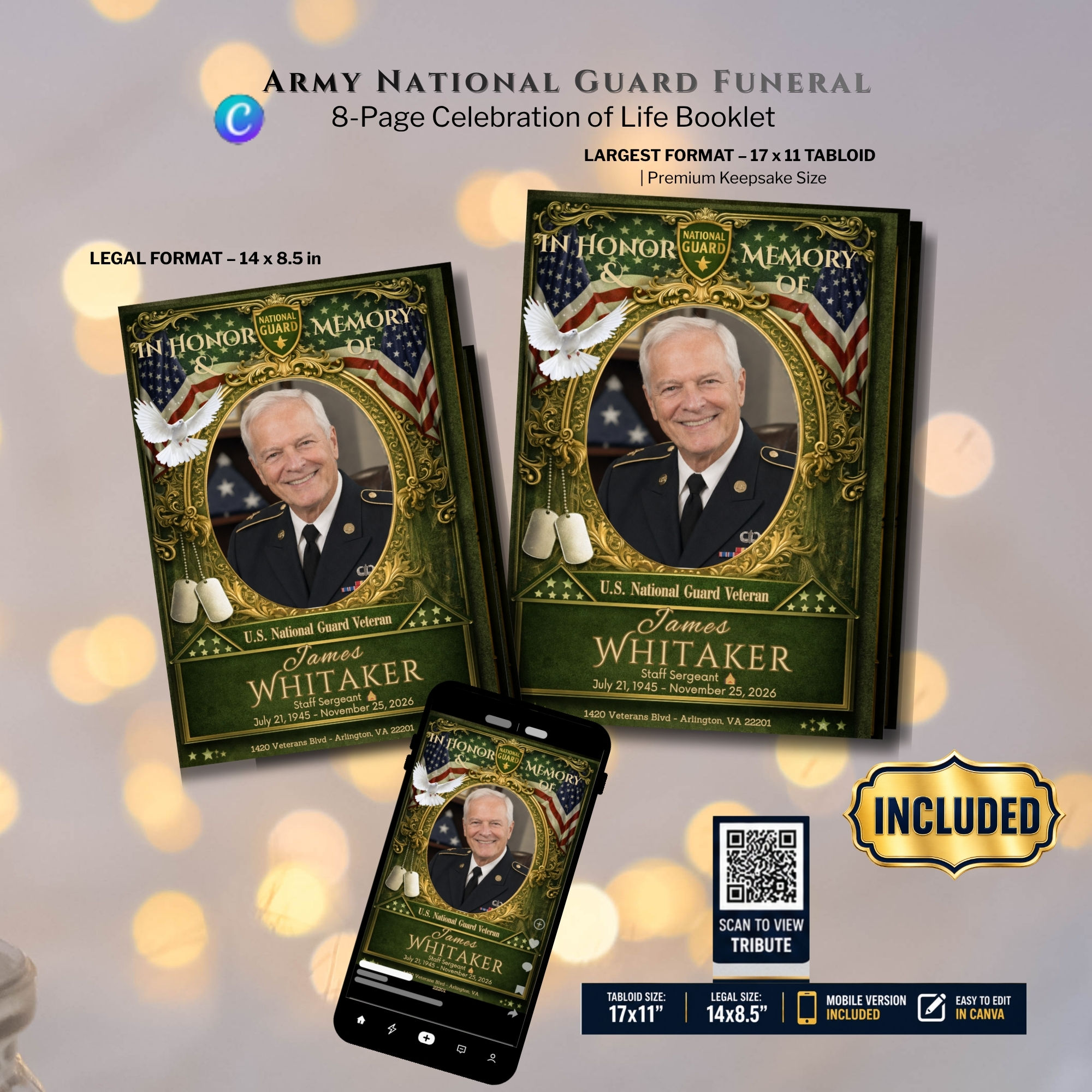 Mobile memorial version and QR code tribute area for Army National Guard funeral program template by LifeMomentsPaper