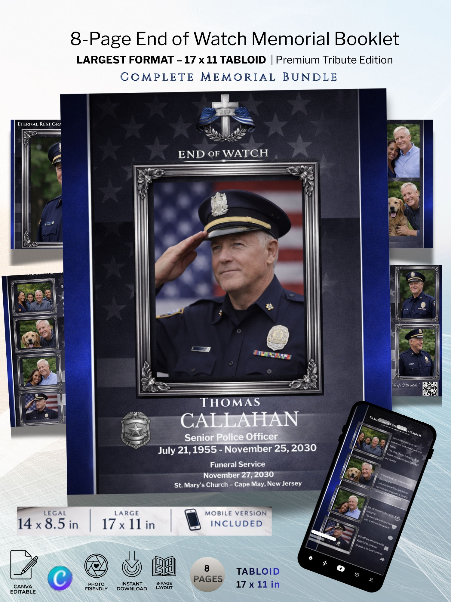 End of Watch police funeral program template for law enforcement memorial service, editable in Canva by LifeMomentsPaper