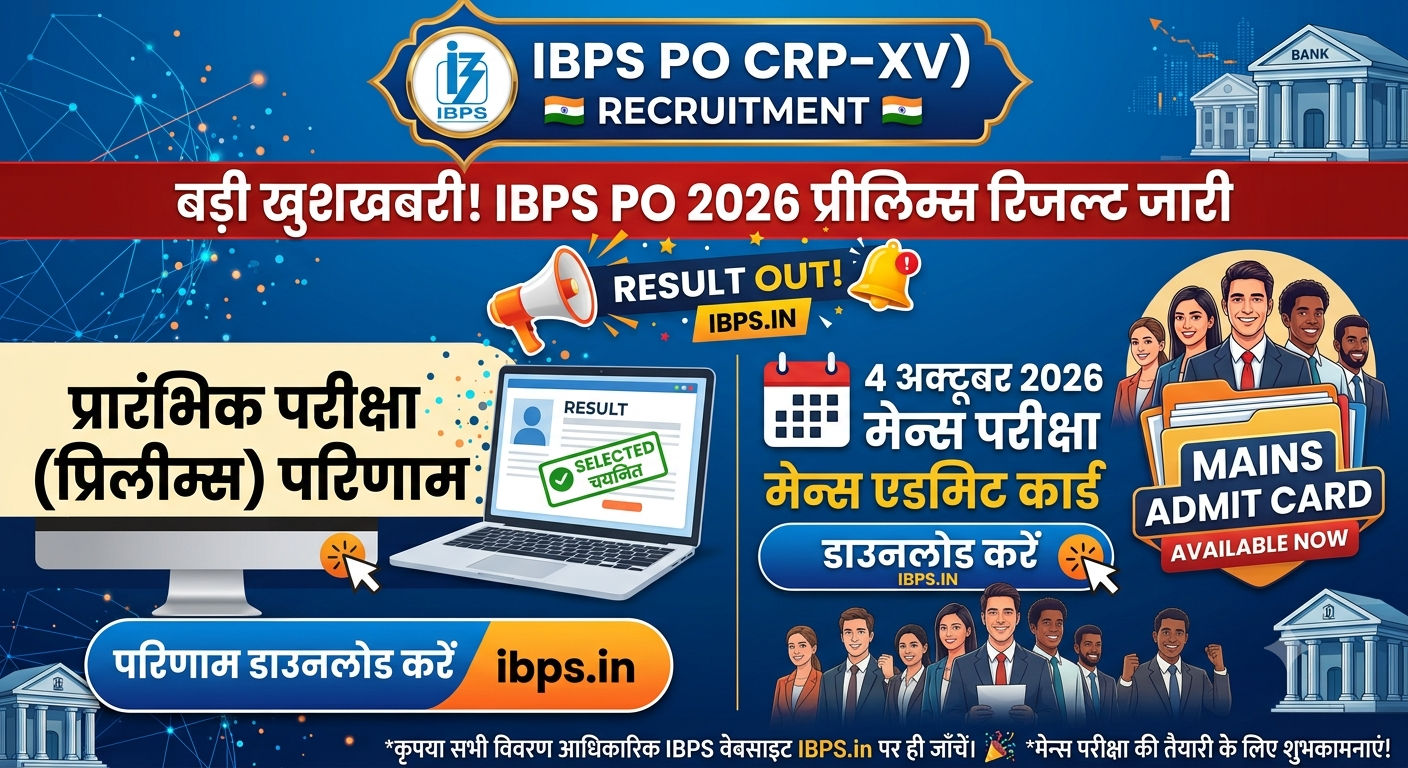 IBPS PO Result 2026: प्रीलिम्स रिजल्ट जारी, अब 4 अक्टूबर को मेन्स परीक्षा; एडमिट कार्ड डाउनलोड करें