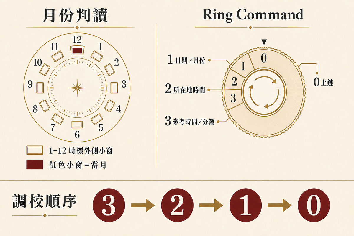 Sky-Dweller 月份位置、Ring Command 檔位及 3 → 2 → 1 → 0 調校次序示意圖