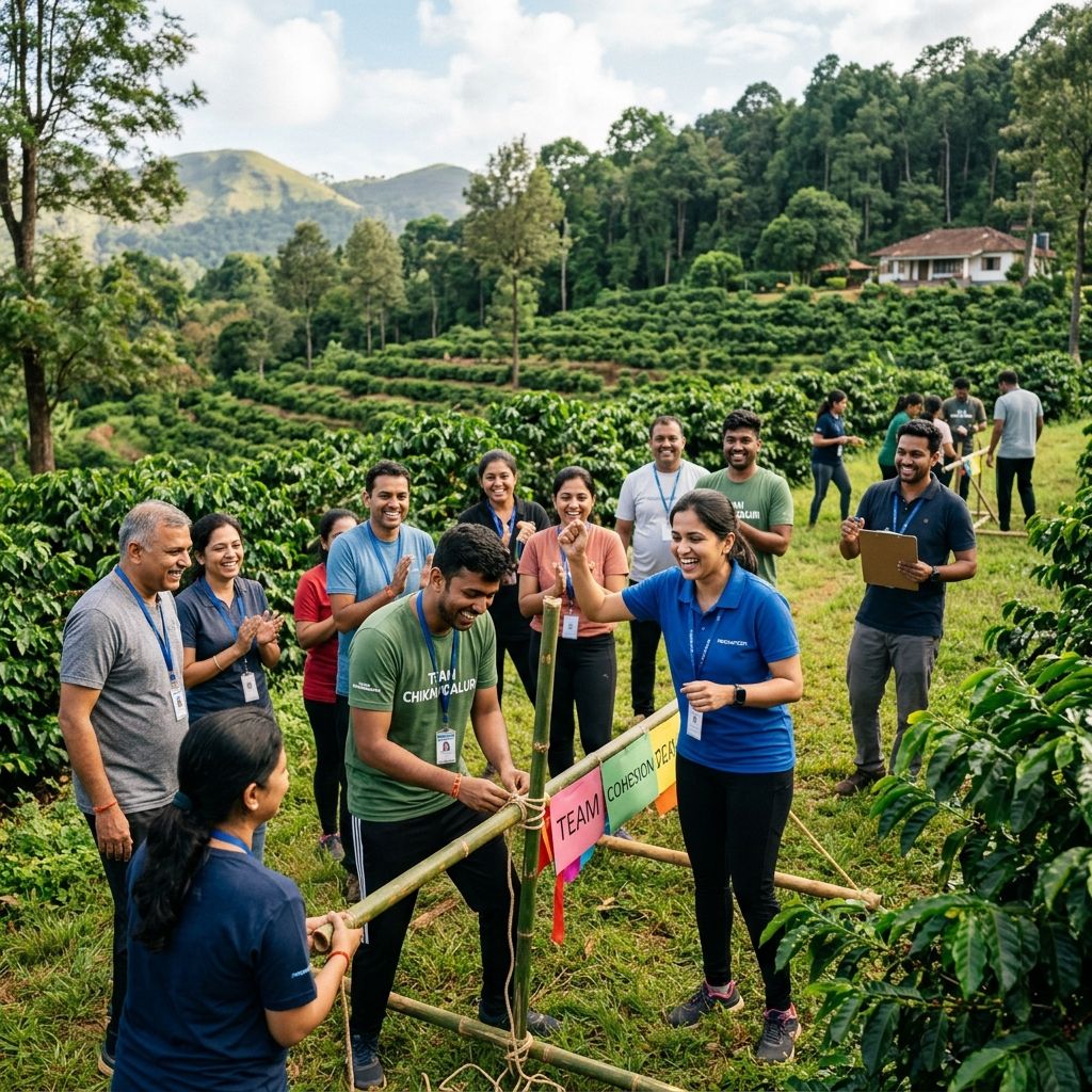 Corporate team enjoying an outdoor facilitated activity in Chikmagalur