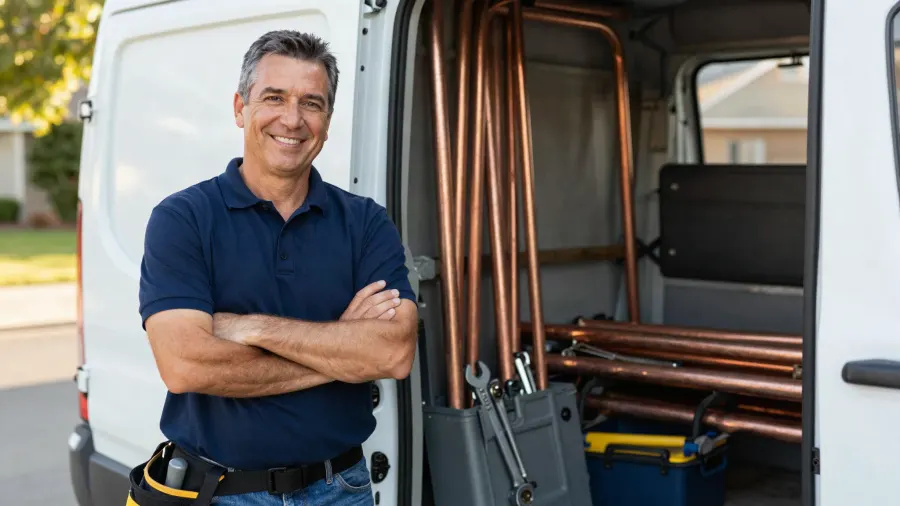 A friendly Lawson Plumbing tradesman leaning against his service van, arms crossed, ready to help.
