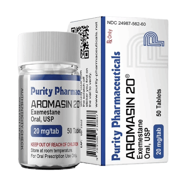 Doosje met een potje Aromasin 20 mg van Purity Pharmaceuticals, een aromataseremmer voor het verlagen van oestrogeenniveaus.