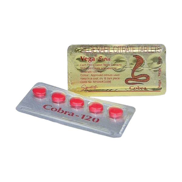 Twee strips Cobra 120 mg, een krachtig middel voor het ondersteunen van seksuele prestaties en erectiele functie.