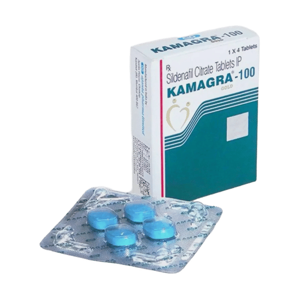 Afbeelding van een doosje en een strip Kamagra 100 mg, een medicijn voor de behandeling van erectiestoornissen en verbetering van seksuele prestaties.