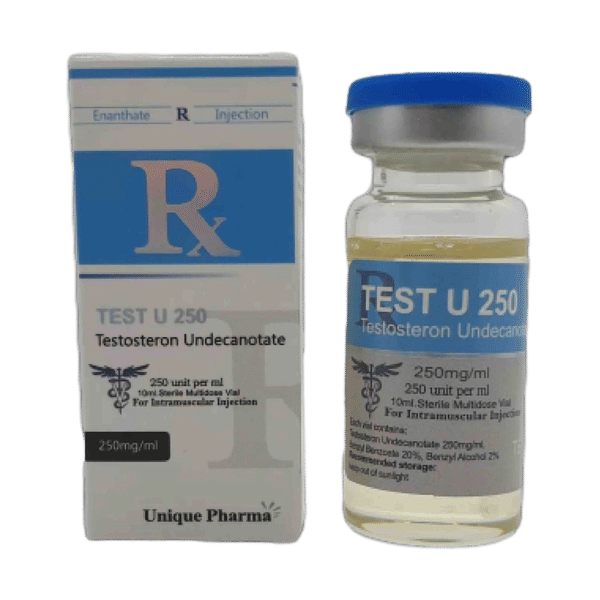 Doosje met een vial Testosterone Undecanoate van Unique Pharma, een langdurig werkende testosteron voor spieropbouw en hormonale balans.