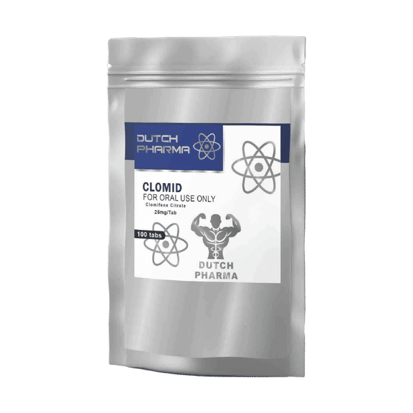 Verpakking met Clomid 25 mg tabletten van Dutch Pharma, gebruikt voor hormonale balans en herstel na steroïdegebruik.