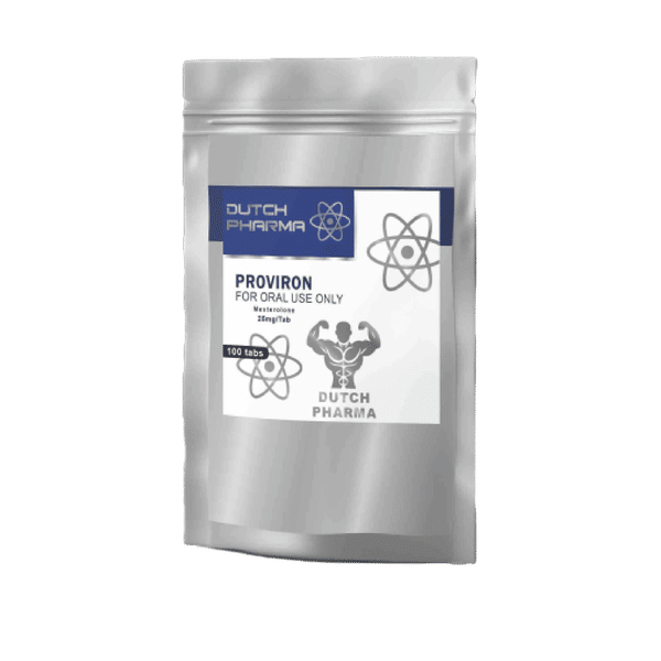 Verpakking met Proviron 25 mg tabletten van Dutch Pharma, een middel voor hormonale balans en het verbeteren van spierkracht.