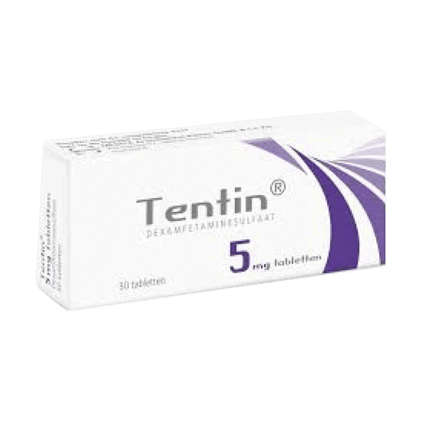 Afbeelding van een doosje Tentin 5 mg, een medicijn met methylfenidaat voor de behandeling van ADHD en narcolepsie.