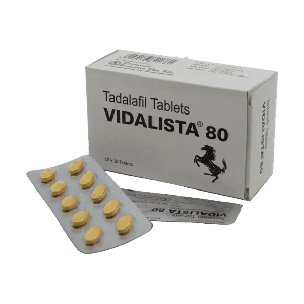Doosje met een strip Vidalista 80 mg, een krachtige tadalafil-behandeling voor ernstige erectiestoornissen.