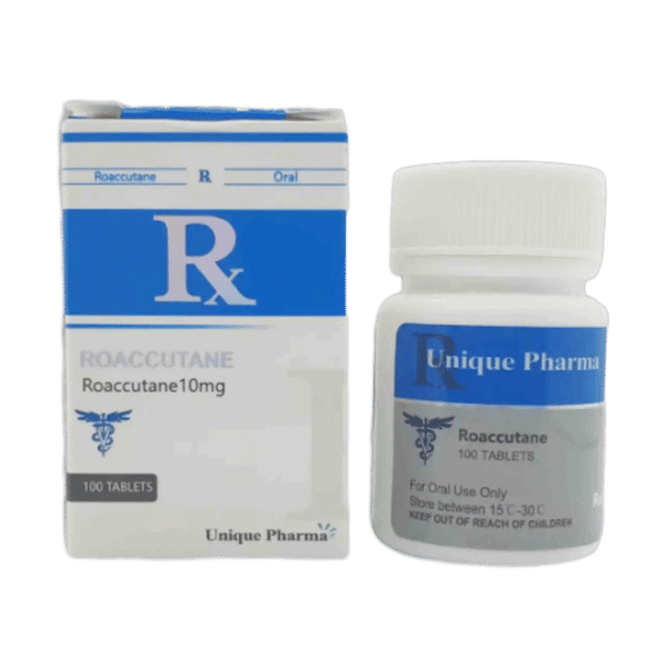 Afbeelding van een doosje en een potje Roaccutane van Unique Pharma, een medicijn met isotretinoïne voor de behandeling van ernstige acne.