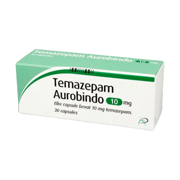 Afbeelding van een doosje Temazepam 10 mg van Aurobindo, een slaapmiddel dat wordt gebruikt voor de behandeling van slapeloosheid.