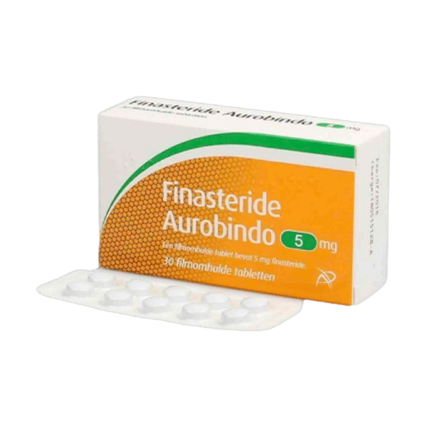 Afbeelding van een doosje Finasteride 5 mg van Aurobindo, een medicijn voor de behandeling van haaruitval en vergrote prostaat.