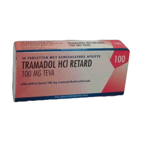 Afbeelding van een doosje Tramadol 100 mg retard van Teva, een pijnstiller met vertraagde afgifte voor de behandeling van matige tot ernstige pijn.