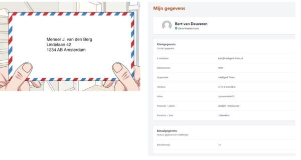 Afbeelding ter illustratie van eenmalige verificatie met foto van geadresseerde envelop en printscreen van app met naam en adresgegevens.