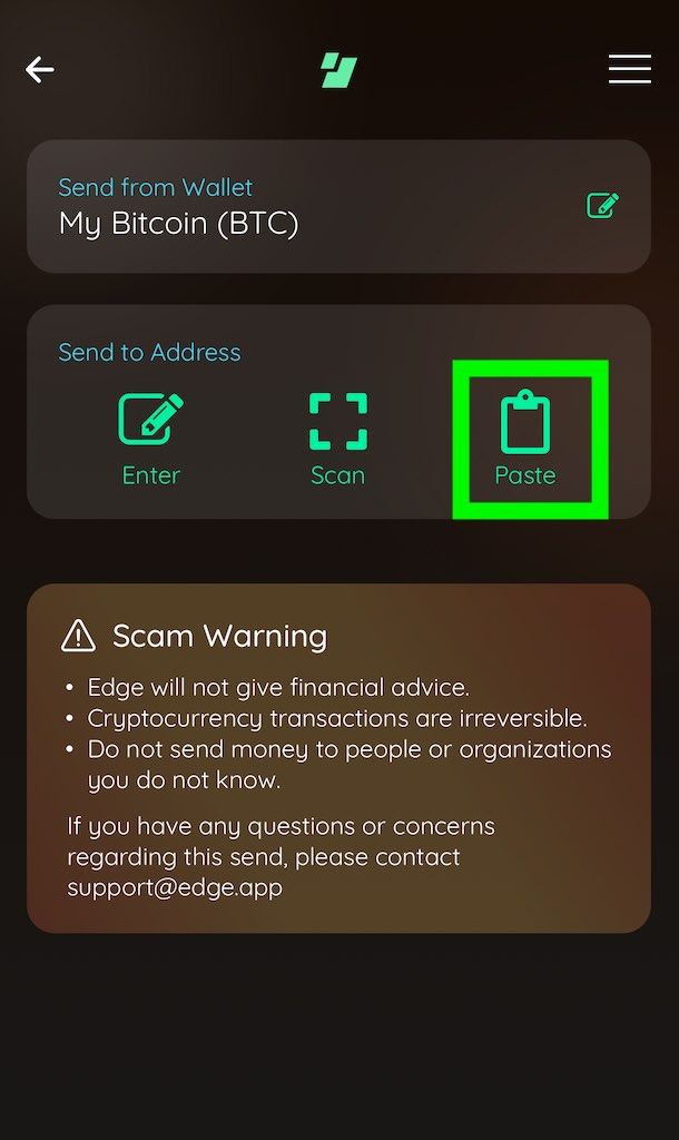 Druk op “Paste” om transactiegegevens in te voegen in de Edge-app voor Bitcoin-betaling.