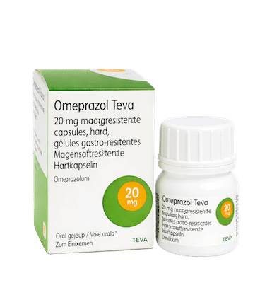 Omeprazol Teva 20 mg maagresistente capsules – doosje met potje rechts schuin voor