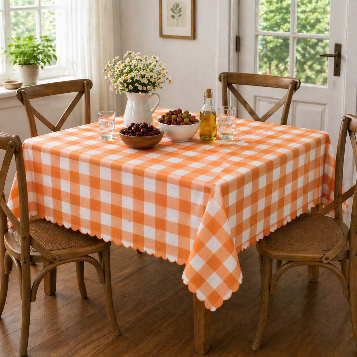 MANTEL CUADRADO 1.50 CUADROS NARANJA/BLANCO