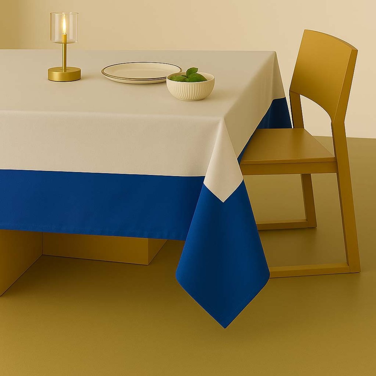 MANTEL 6-8 PTOS BLANCO HUESO BORDE AZUL REY