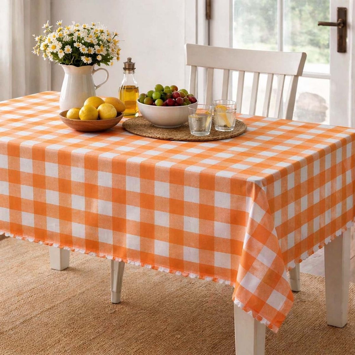 MANTEL RECTANGULAR 6 PTOS CUADROS NARANJA/BLANCO