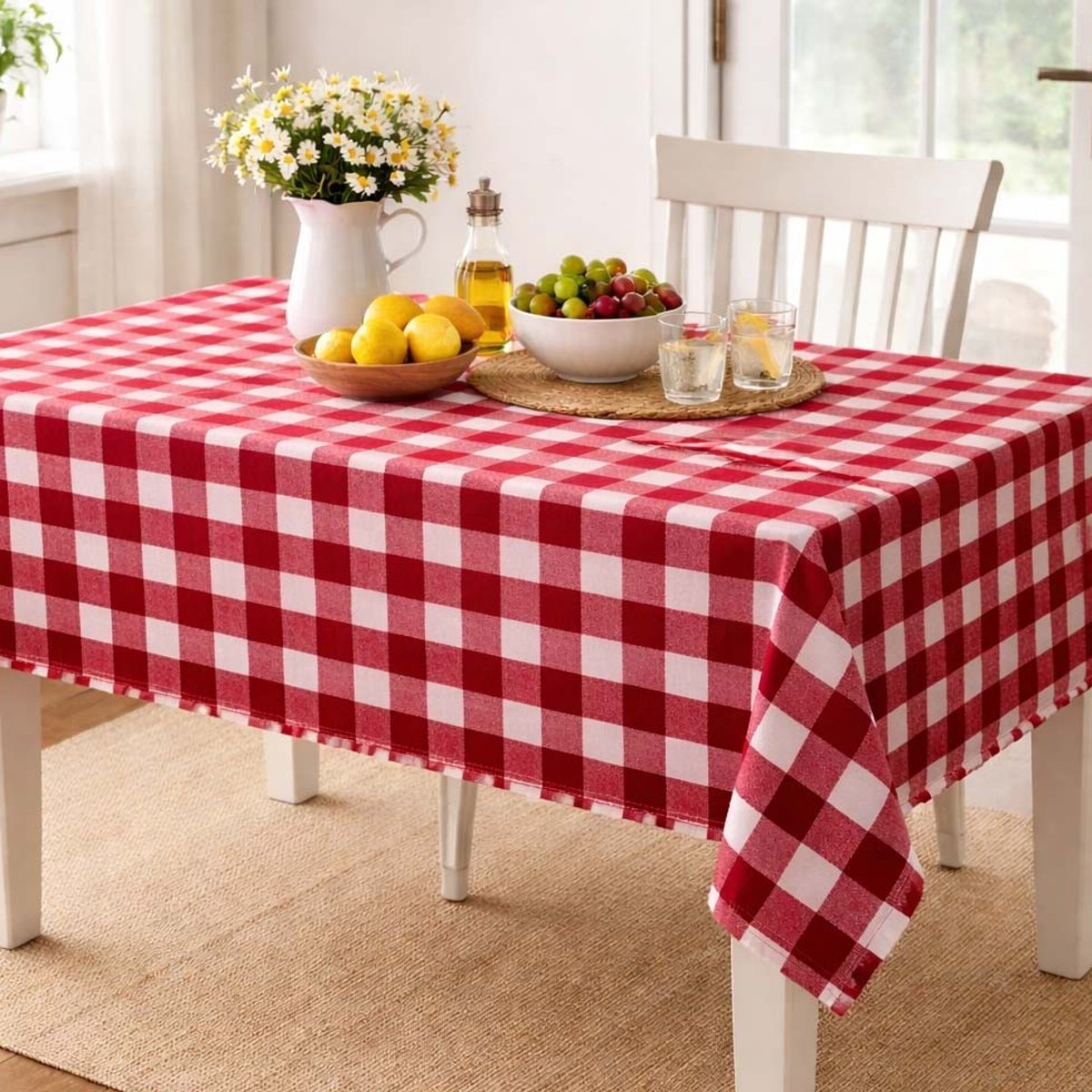 MANTEL RECTANGULAR 6 PTOS CUADROS ROJO/BLANCO