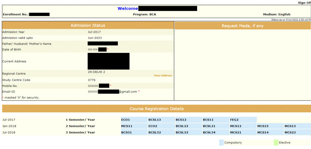IGNOU login with enrollment no dashboard