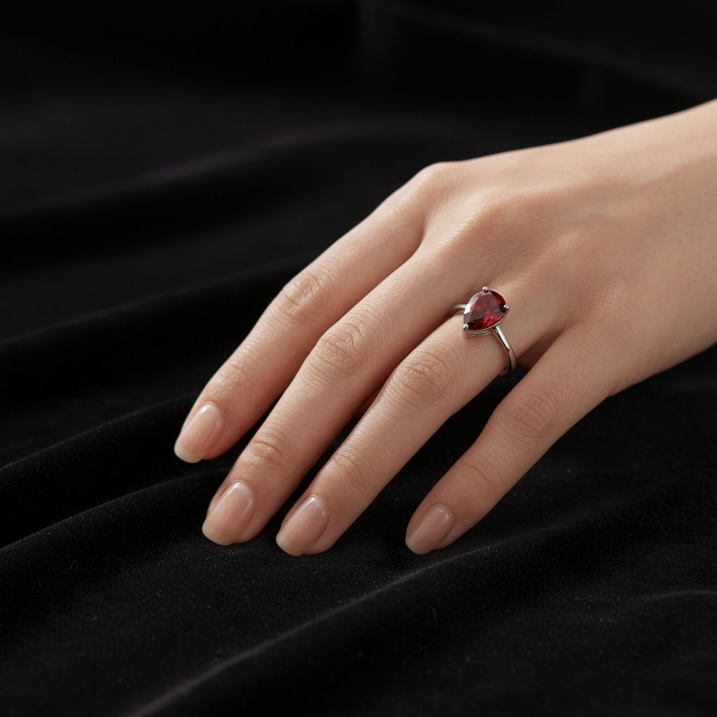 Garnet Tear Drop Silver Ring