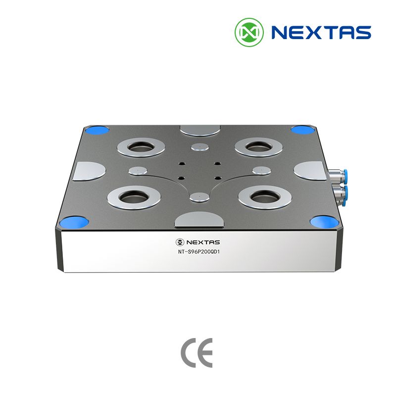 Automated pneumatic zero-point plate for quick pallet changes.