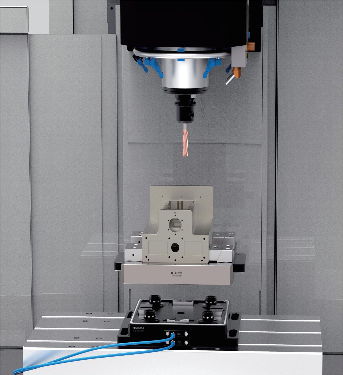 Tombstone fixture mounted on BDS positioning datum carrier inside a vertical machining centre