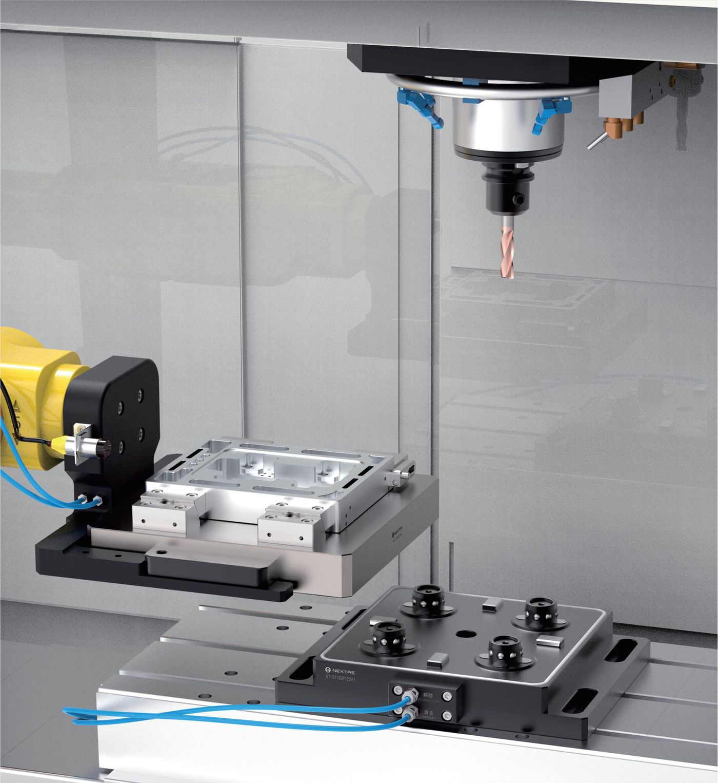 BDS positioning datum mounted on a CNC machine table with a precision vise stack underneath the spindle