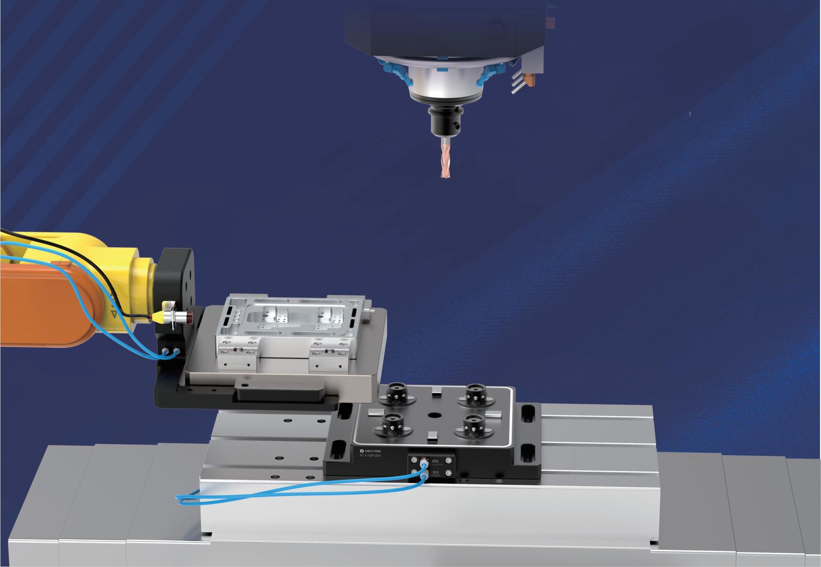 Robot arm loading a pallet onto BDS positioning datum inside a CNC machine, with the spindle and jaw fixture in view