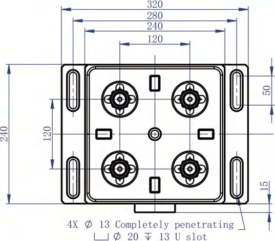 NT-S1100P120A dimensional drawing, 320 × 240 × 50 mm with 4× Ø13 mounting slots