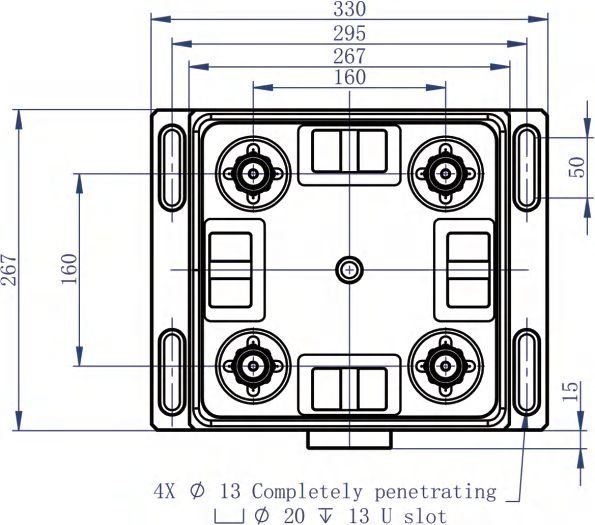NT-S1100P160B dimensional drawing, 330 × 267 × 50 mm with 4× Ø13 mounting slots