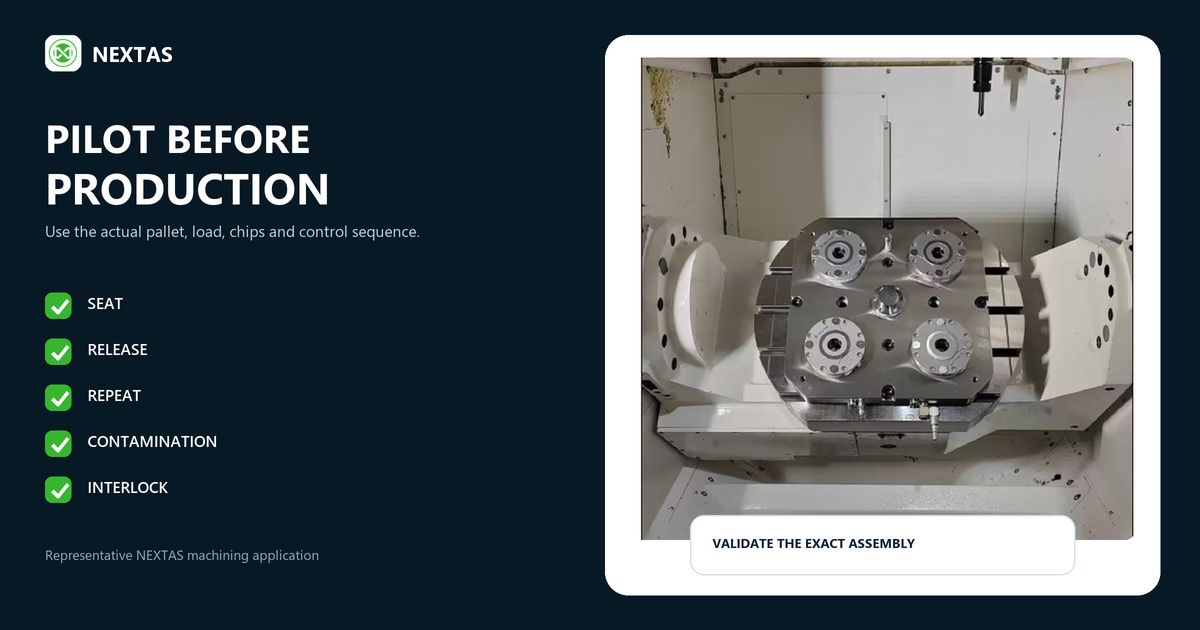 Four NEXTAS zero-point modules on a fixture inside a real five-axis machining center for production pilot validation