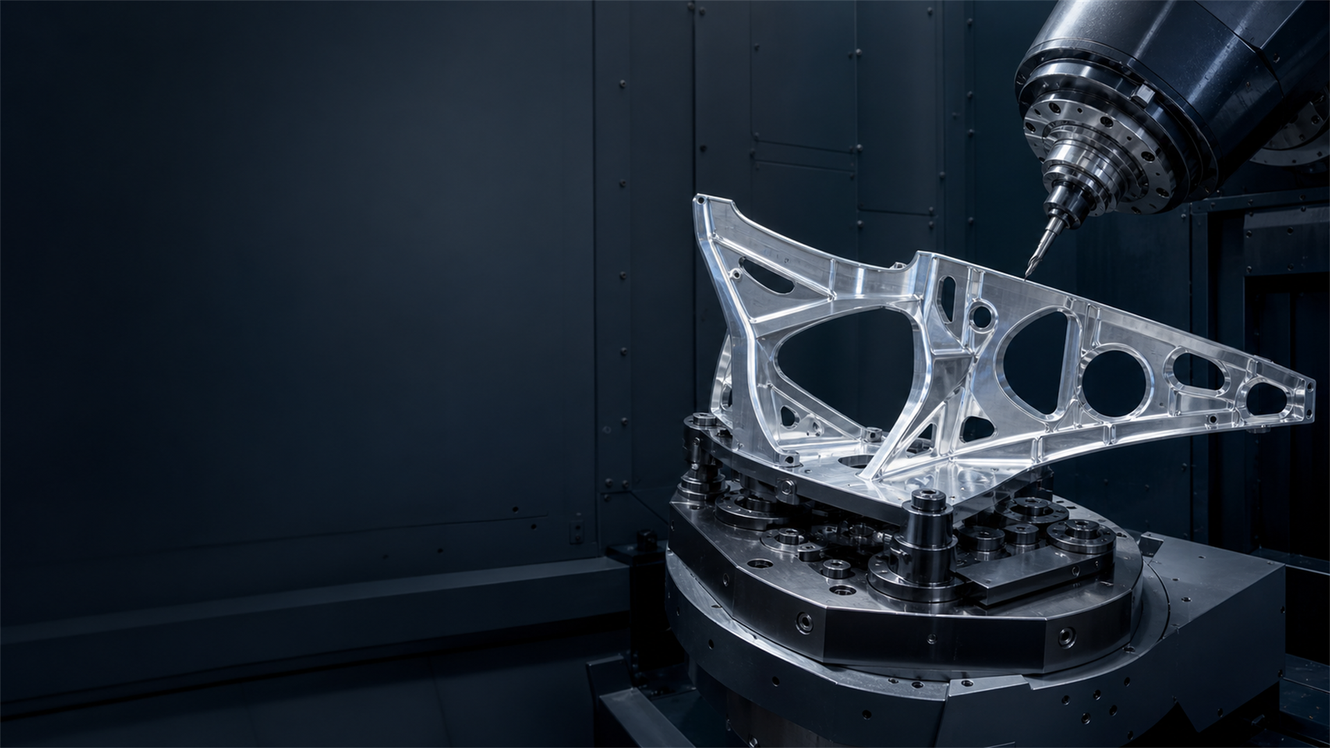 Machined thin-wall frame on a rotary table beneath a five-axis spindle