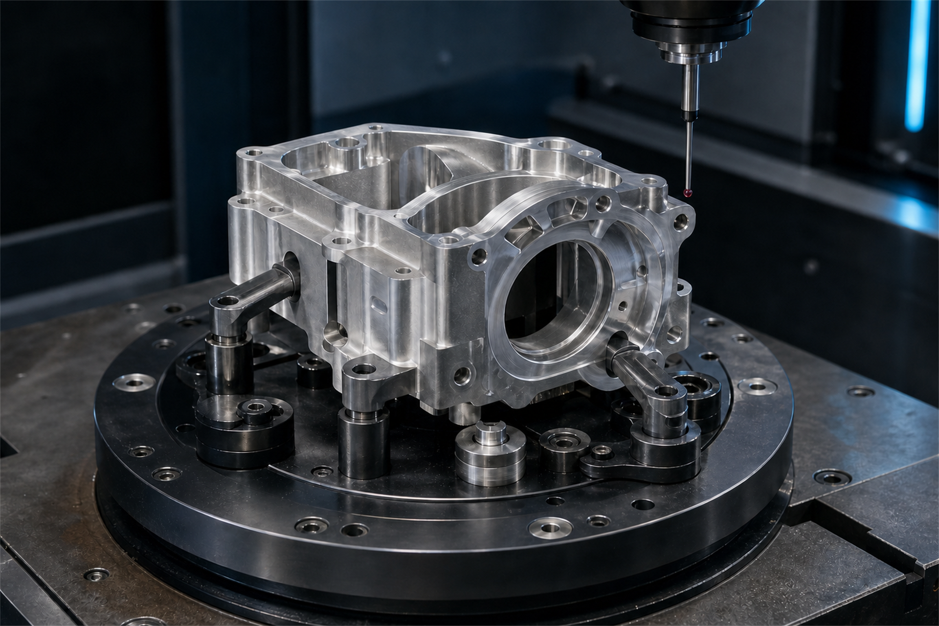 Milled aluminum housing seated on a precision datum fixture