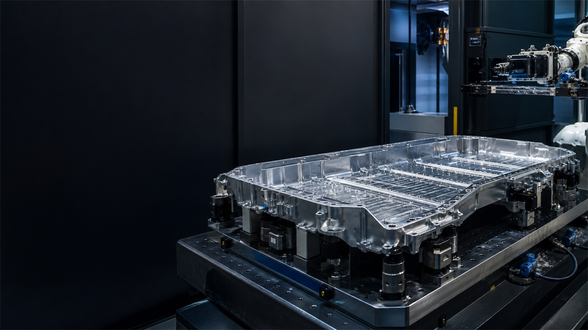 Large EV battery tray on a modular zero-point machining fixture