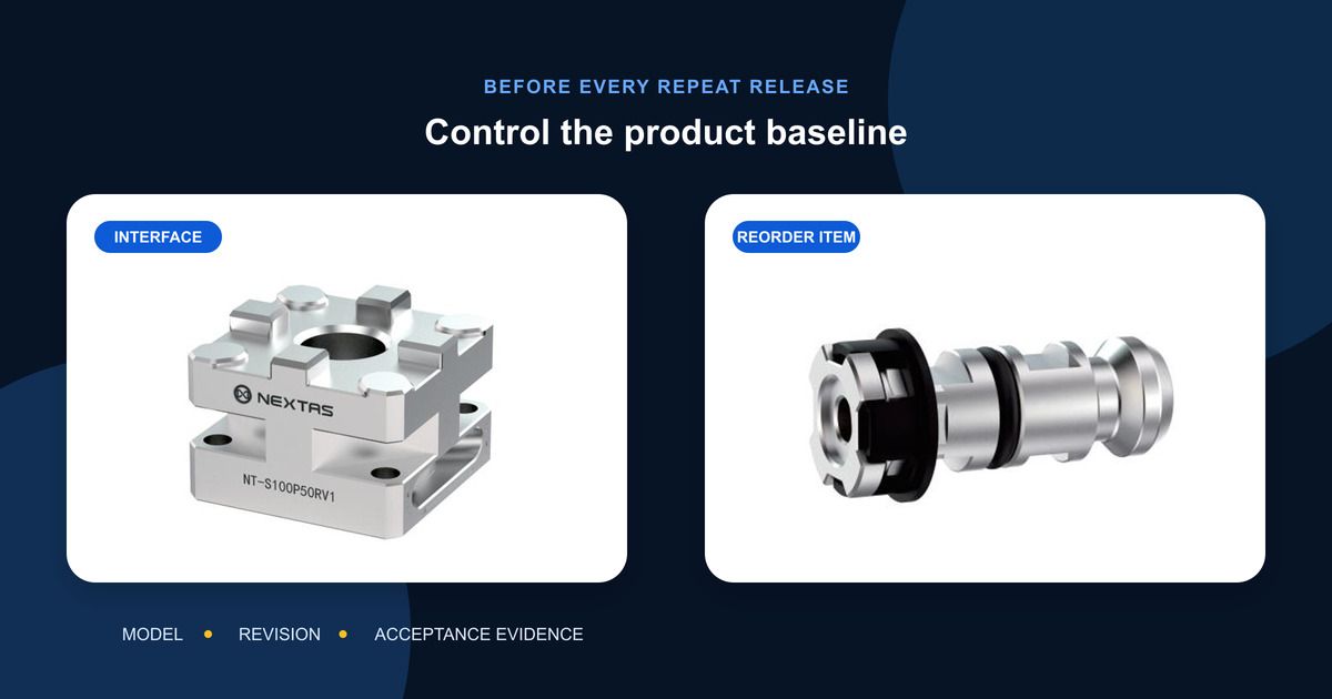 Real NEXTAS interface and retention component arranged to illustrate a controlled repeat-order baseline