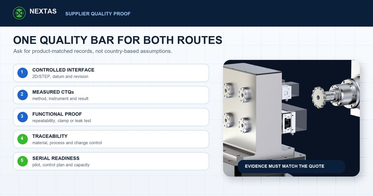 Five supplier quality evidence gates for controlled interface, CTQs, functional proof, traceability and serial readiness
