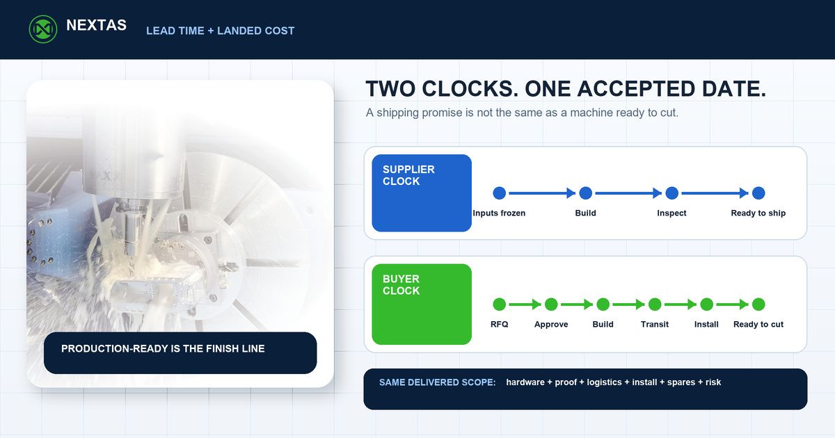 Supplier ready-to-ship clock compared with buyer production-ready clock for workholding procurement