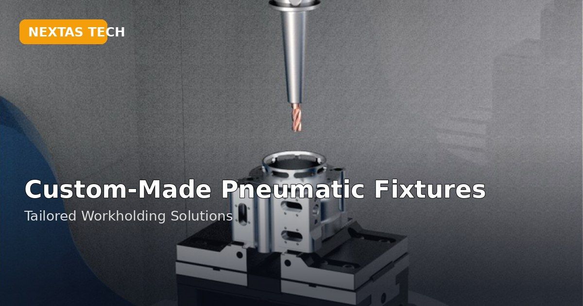 Rendered CNC scene with a machined housing held in a fixture below a cutting tool