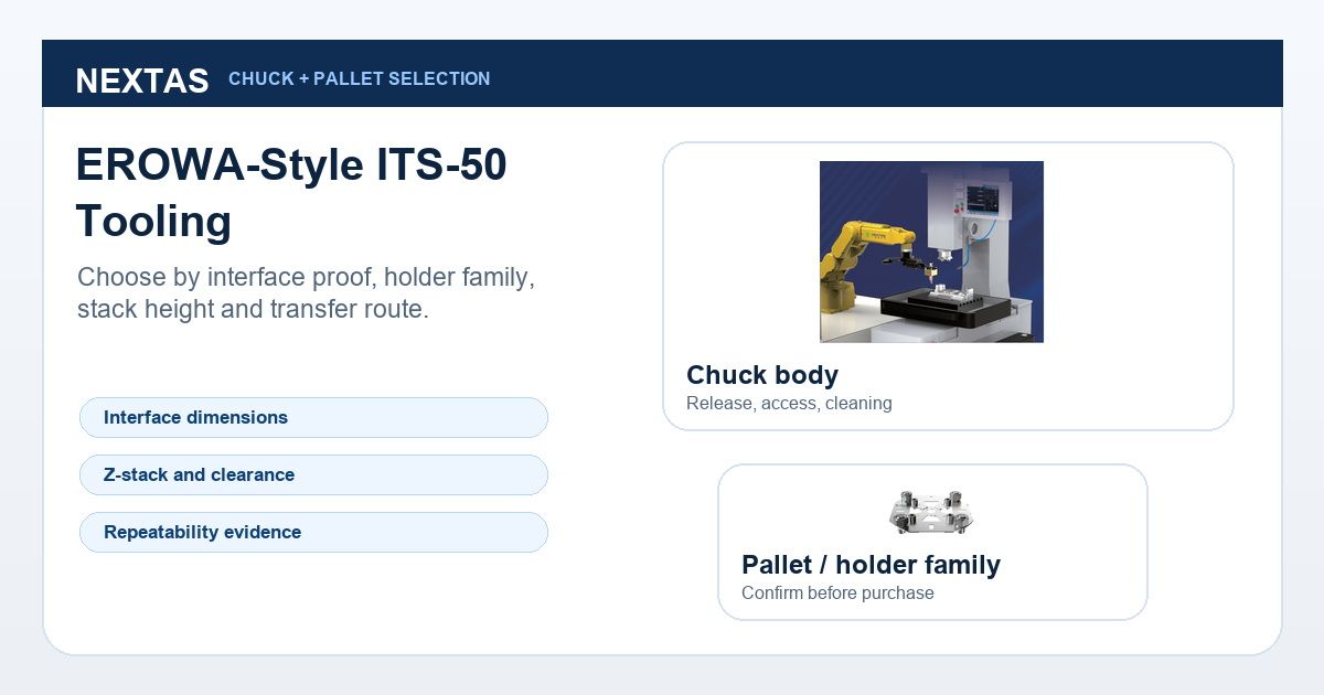 EROWA-style ITS-50 tooling guide showing chuck body and pallet holder selection checks