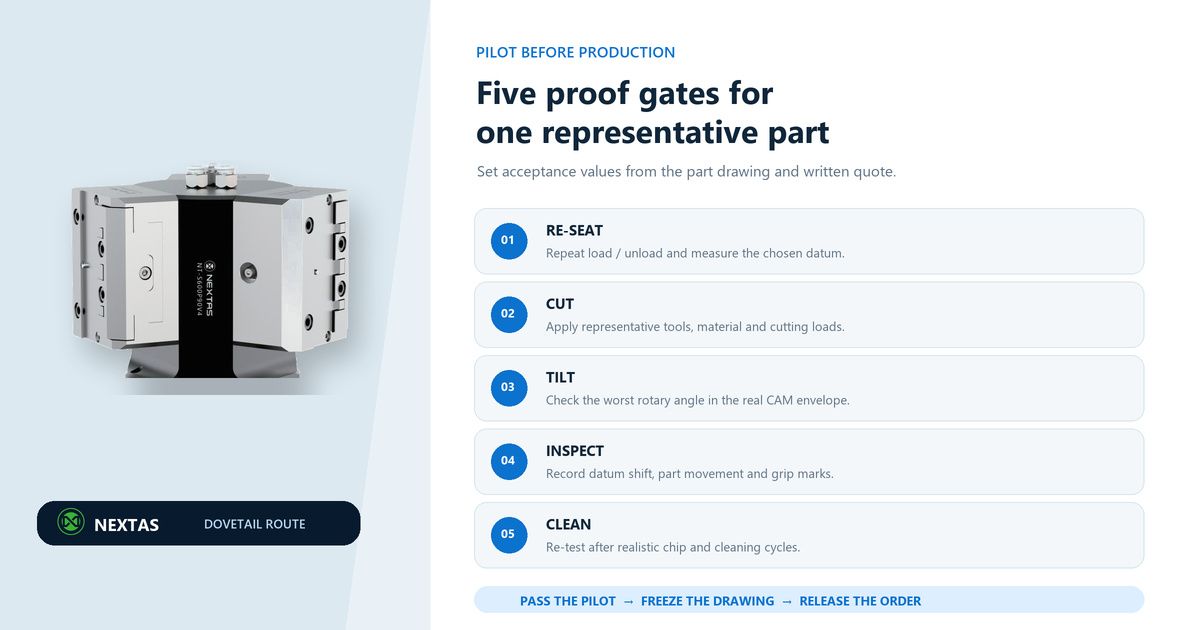NEXTAS three-station dovetail fixture beside a five-gate representative-part pilot acceptance plan