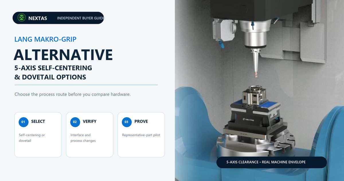 LANG Makro-Grip alternative buyer guide showing a NEXTAS self-centering vise in a real 5-axis machine envelope