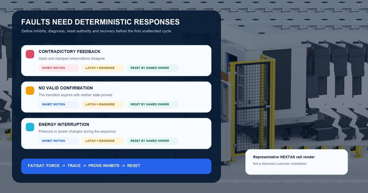 Deterministic fault-response graphic over a representative NEXTAS robot-loaded CNC cell render