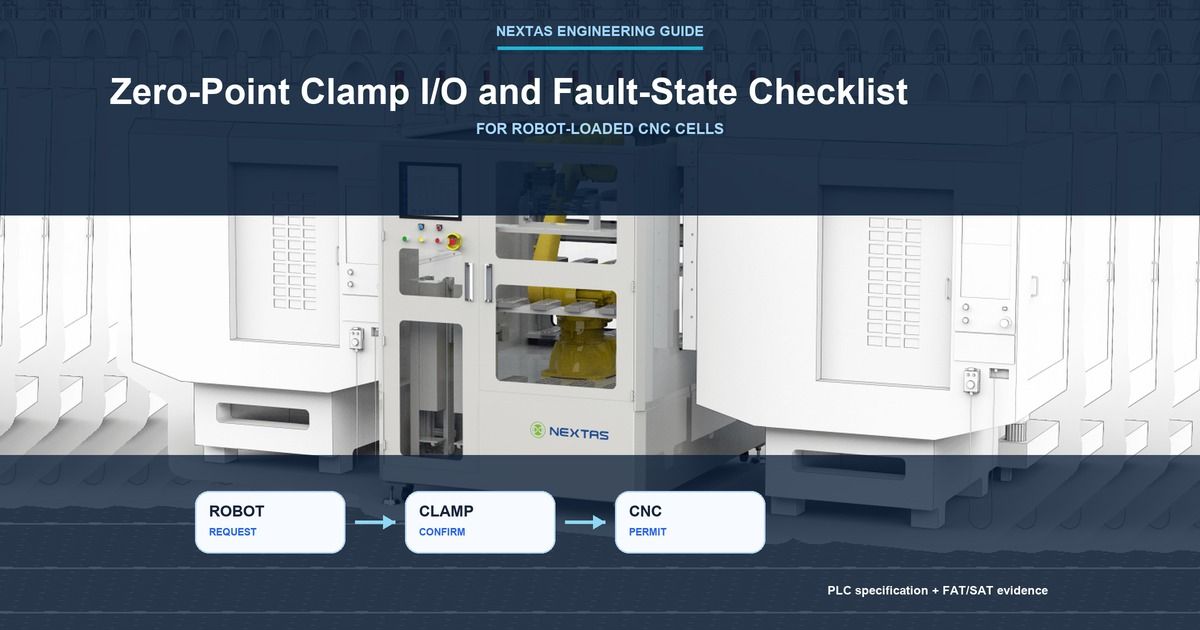 Representative NEXTAS automated CNC system with robot-to-clamp-to-CNC process handshake labels
