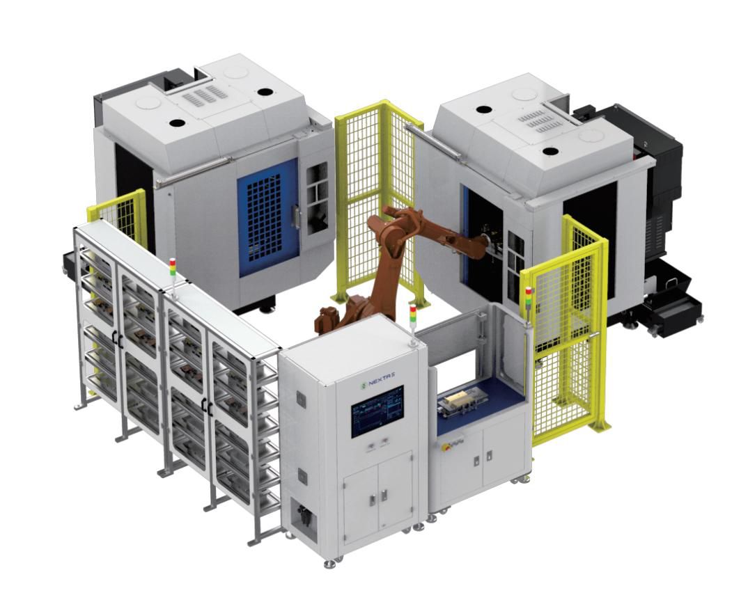 Compact 3-machine FMS production cell with central robot arm