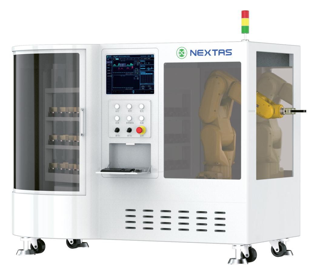 Compact robot-tended FMS cell with control HMI and pallet rack